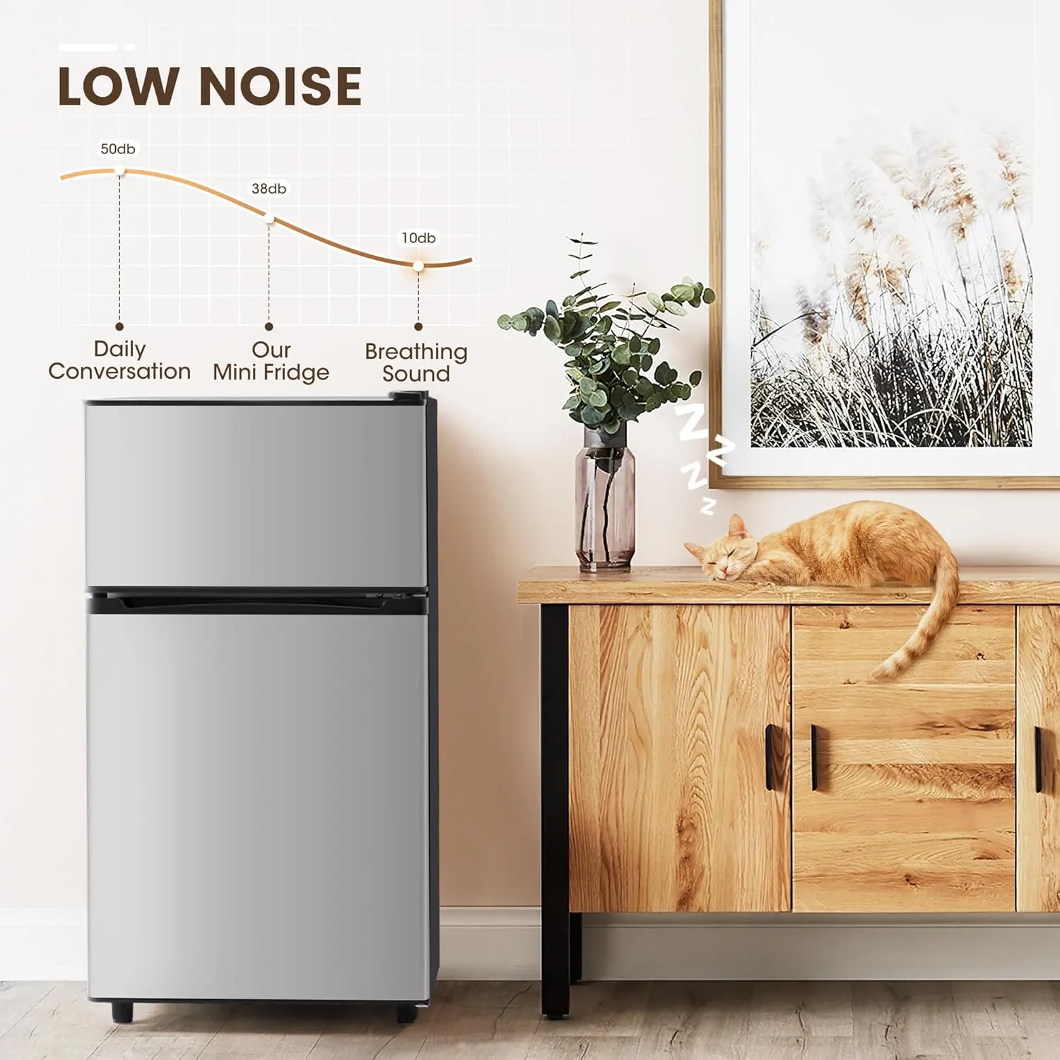 3.5 Cu.Ft 2 Door Mini Fridge with Freezer, Small Refrigerator, 7 Level Adjustable Thermostat, Compact Fridge for Living Room, Dorm, Office, Kitchen and Apartment (Silver)