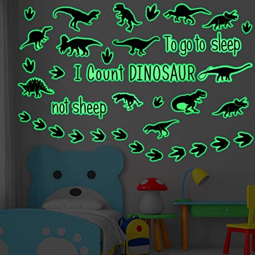 38 Pieces Dinosaur Wall Decals Glow in The Dark Dinosaur Wall Decals to Go to Sleep I Count Dinosaurs Not Sheep Dinosaur Decorations for Boys Room (Luminous Style)