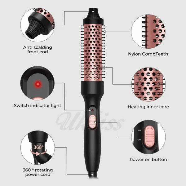 3-in-1 Heated Curling Brush – Ceramic Thermal Hair Curler & Volumizing Roller Comb with Double PTC Technology