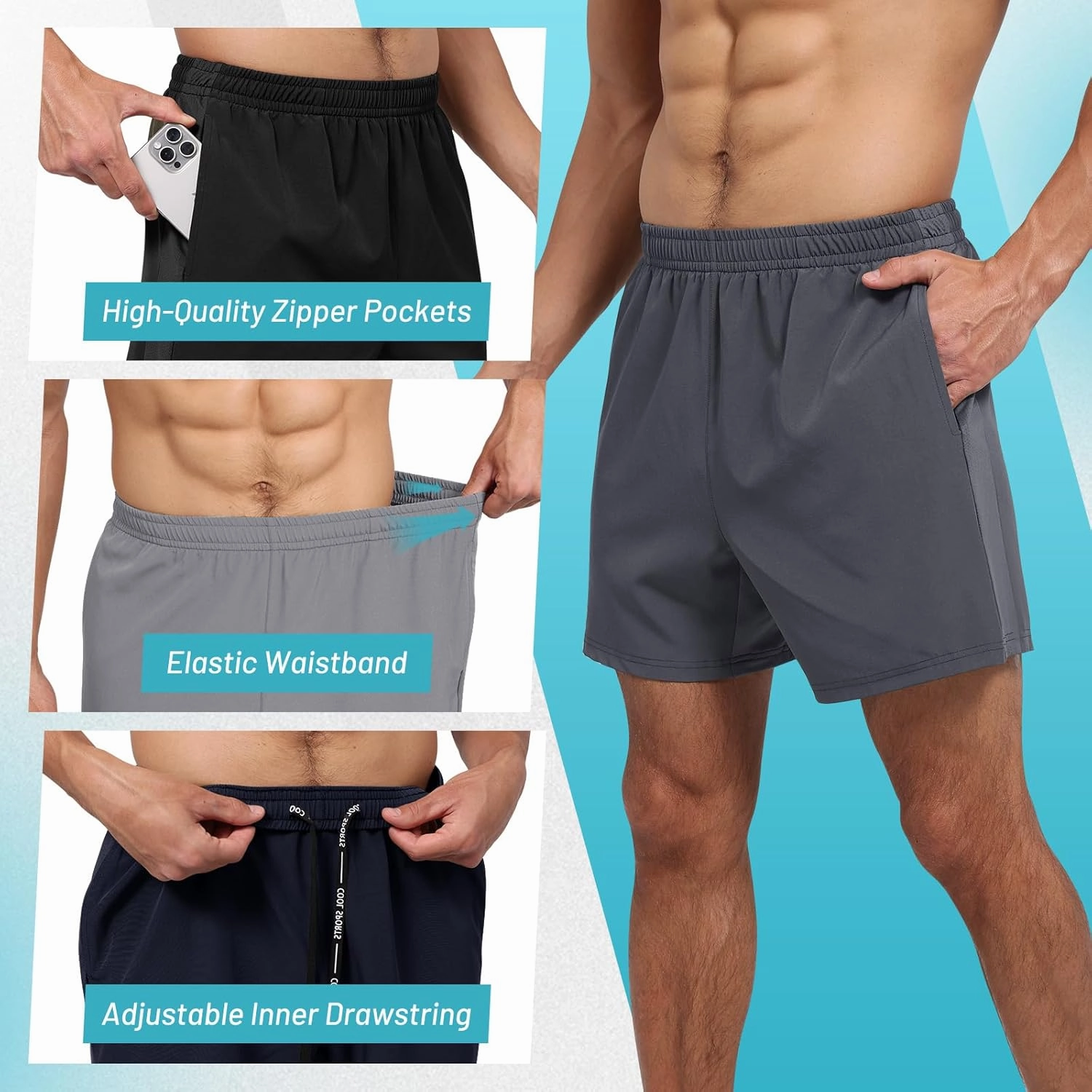 3 Pack Men's Gym Athletic Shorts - 5" Quick Dry Running Workout Shorts with Zipper Pockets for Casual Basketball