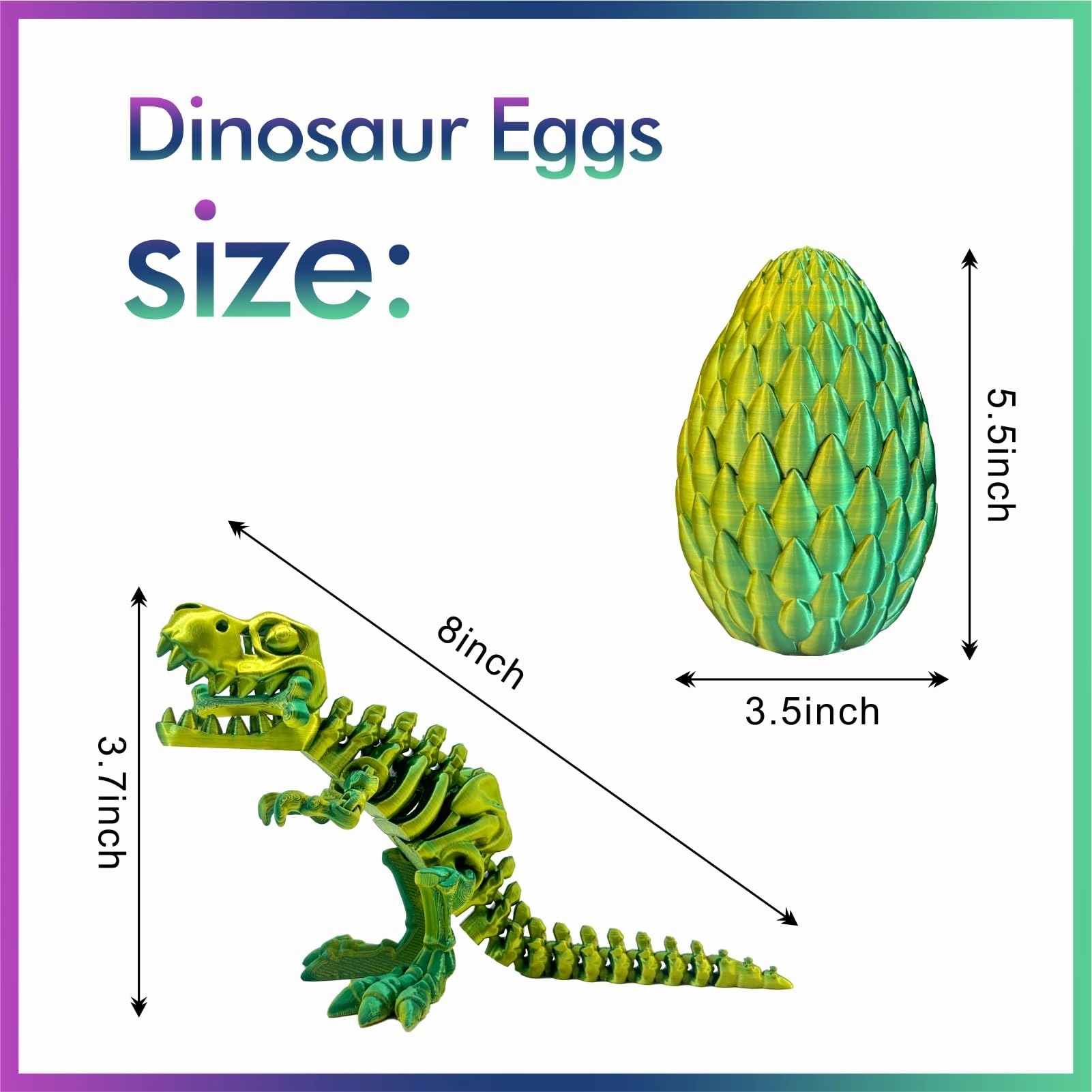 3D Printed Dinosaur Toy, 3D Printed Dinosaur Egg with Articulated Tyrannosaurus Rex, Mystery Crystal Dinosaur Flexible Rexi Toys with Bone, Articulated Fidget Dragon for Autism/ADHD (Yellow-Green)