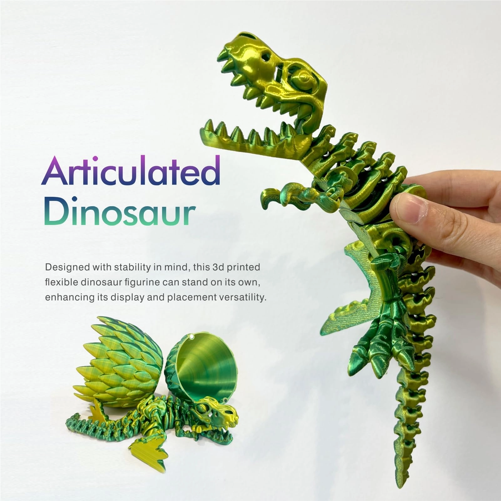 3D Printed Dinosaur Toy, 3D Printed Dinosaur Egg with Articulated Tyrannosaurus Rex, Mystery Crystal Dinosaur Flexible Rexi Toys with Bone, Articulated Fidget Dragon for Autism/ADHD (Yellow-Green)