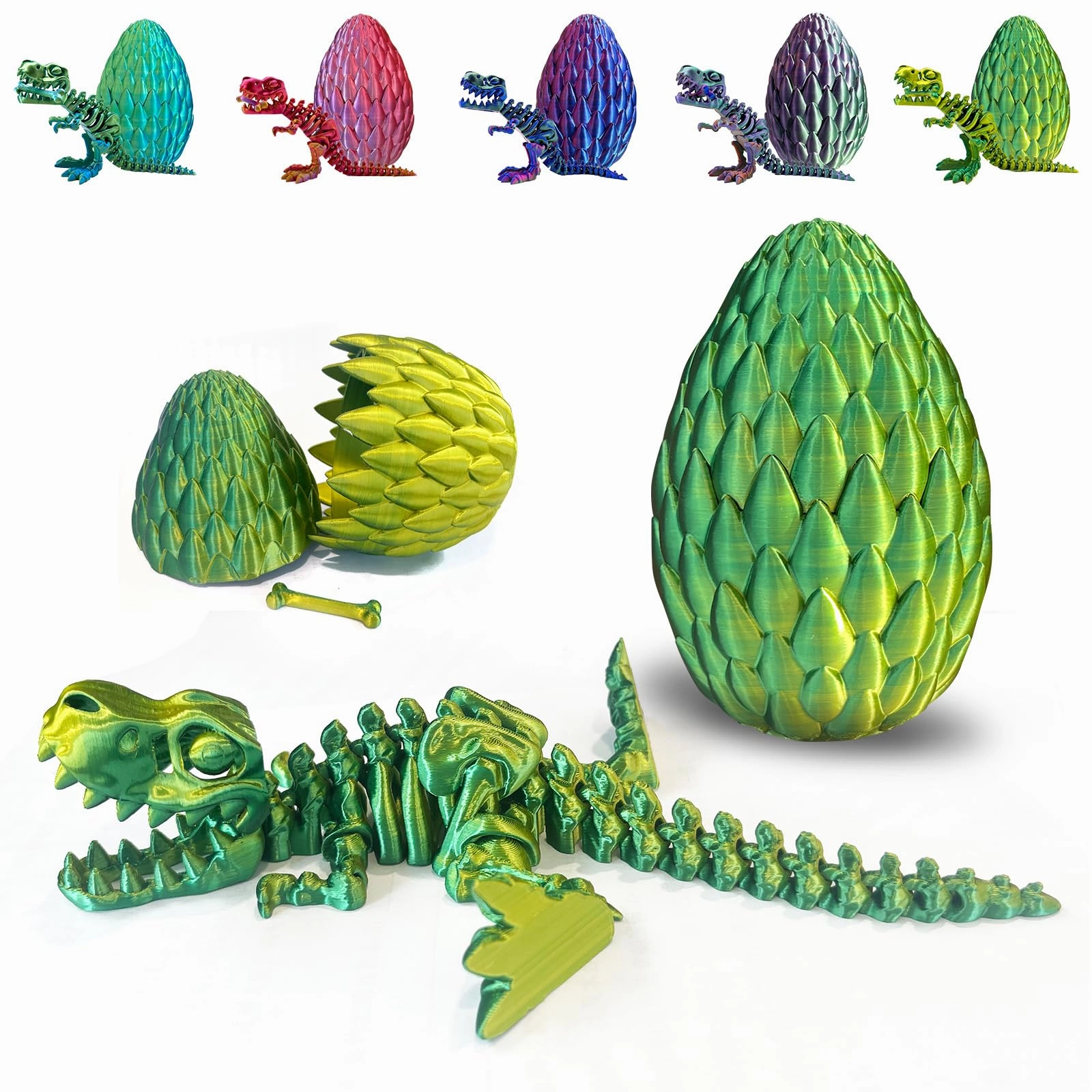 3D Printed Dinosaur Toy, 3D Printed Dinosaur Egg with Articulated Tyrannosaurus Rex, Mystery Crystal Dinosaur Flexible Rexi Toys with Bone, Articulated Fidget Dragon for Autism/ADHD (Yellow-Green)