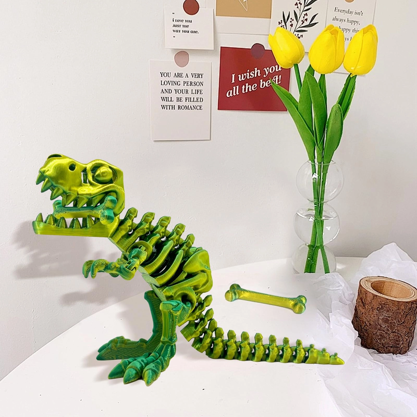 3D Printed Dinosaur Toy, 3D Printed Dinosaur Egg with Articulated Tyrannosaurus Rex, Mystery Crystal Dinosaur Flexible Rexi Toys with Bone, Articulated Fidget Dragon for Autism/ADHD (Yellow-Green)