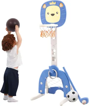 4-in-1 Basketball Hoop for Kids Toddler Sports Activity Center Height Adjustment with Football/Soccer Goal, Golf Game, and Ring Toss Indoor and Outdoor Play Set for Boys and Girls (Blue)