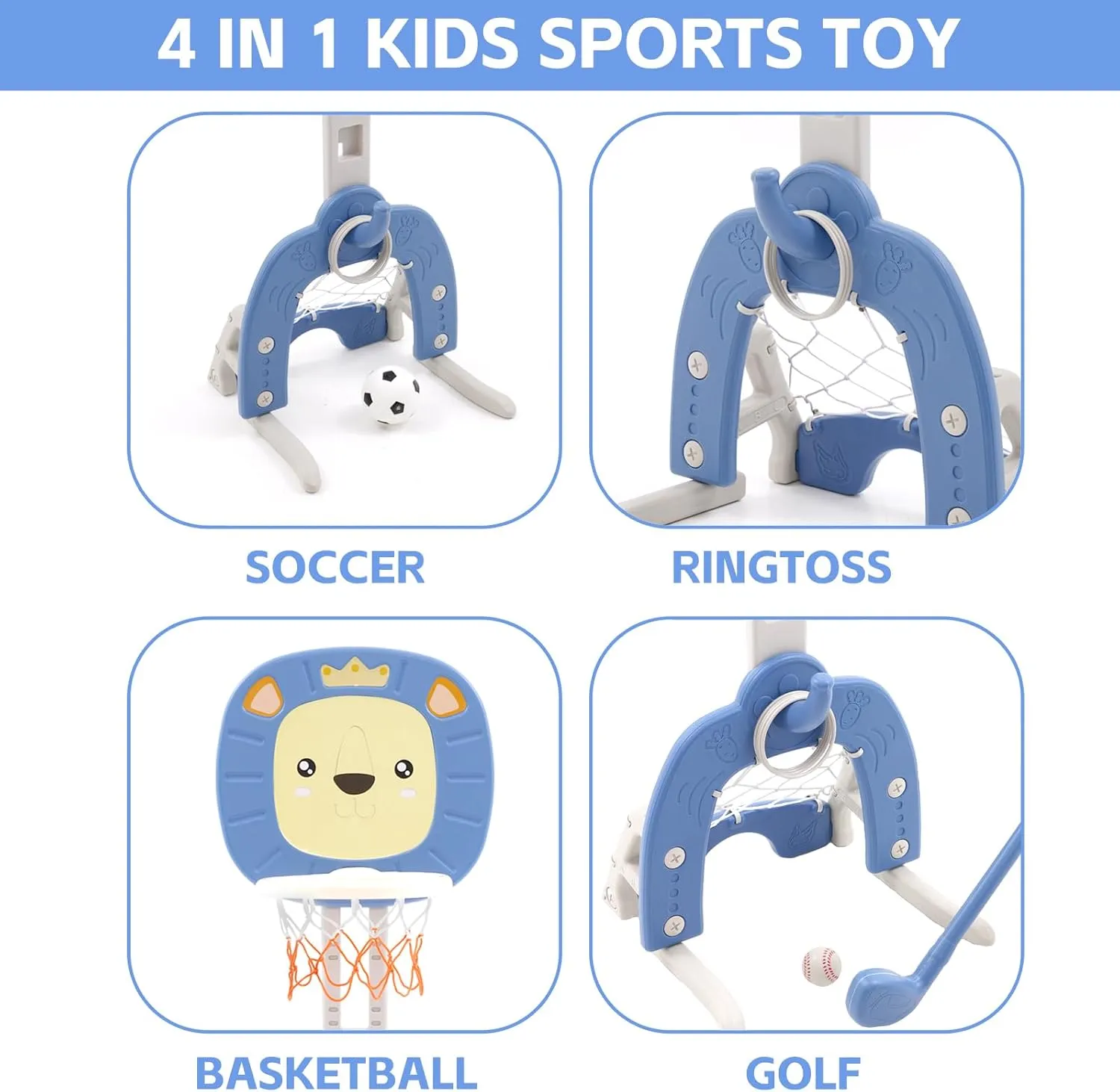 4-in-1 Basketball Hoop for Kids Toddler Sports Activity Center Height Adjustment with Football/Soccer Goal, Golf Game, and Ring Toss Indoor and Outdoor Play Set for Boys and Girls (Blue)