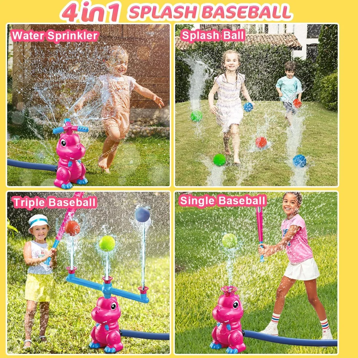 4-in-1 Dinosaur Water Sprinkler Baseball Toys, 360° Roating Spray Water Play Game, Water Splashing Toy for Kids Outdoor, Summer Backyard Lawn Pool Party Fun for Boys Girls (Pink)