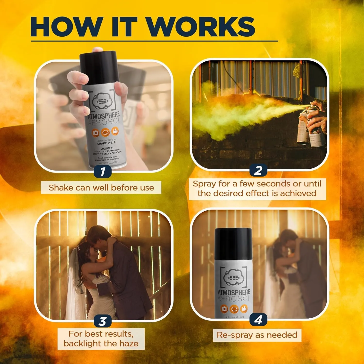 4 Pack Atmosphere Aerosol Haze/Fog Spray for Photography - Safe & Portable Mini Fog Machine Alternative - Smoke and Light Ray Effects Maker for Indoor and Outdoor, No Battery - Made in The USA