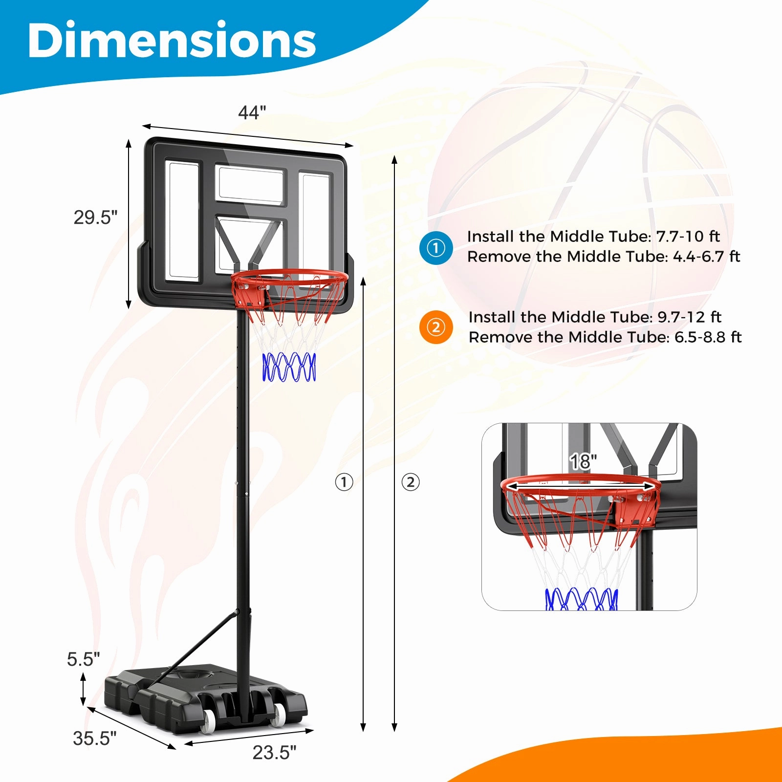 4.4-10 Feet Portable Basketball Hoop Adjustable with 2 Wheels and Fillable Base-Black