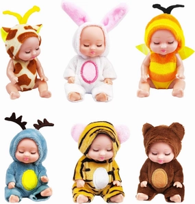 4 Inch Cute Dolls Toys, Mini Reborn Gift Set of 6 with Interchangeable Animal Clothes for Boys and Girls
