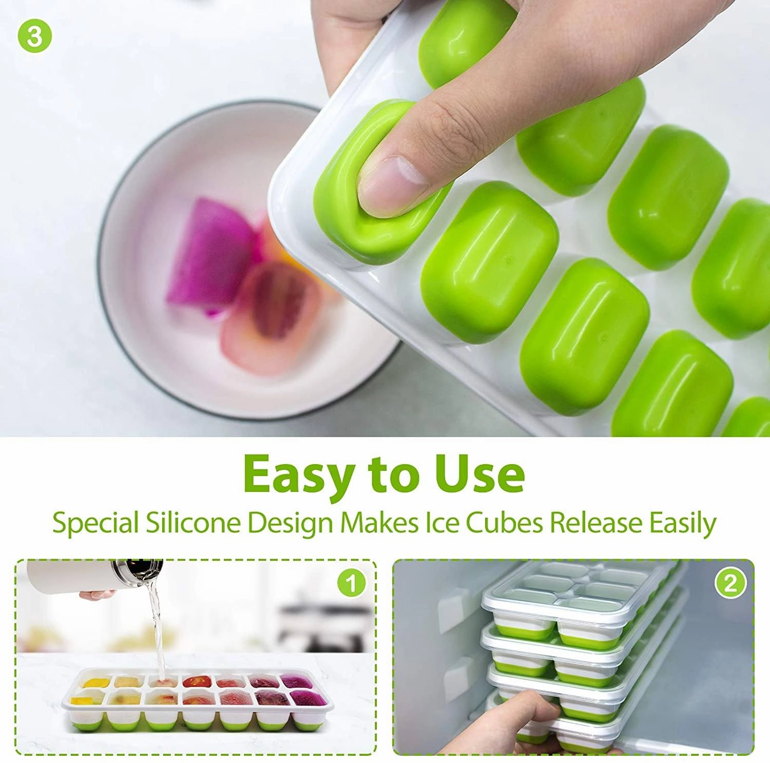 4-Pack: Easy-Release Silicone & Flexible 14-Ice Cube Trays with Spill-Resistant Removable Lid