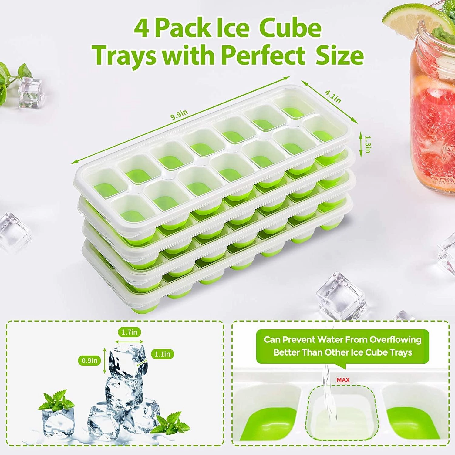 4-Pack: Easy-Release Silicone & Flexible 14-Ice Cube Trays with Spill-Resistant Removable Lid