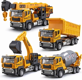 4 Packs Metal Construction Trucks Playsets, Mini Friction Powered Engineering Vehicle, Crane, Excavator, Cement Mixer, Dump Truck Toys for Boys 3-5 Years Old, Die-Cast Trucks for Toddlers Kid