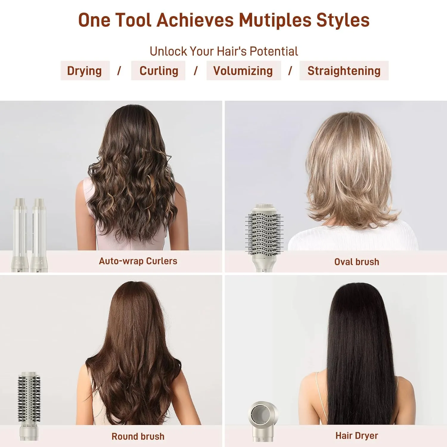 5 in 1 Hair Air Styler - Rotating Hair Dryer Brush 110000 RPM for Fast Drying & Hot-Air Automatic Wrap Curlers for Curling, Frizz-Free Blow Dryer Brush for Straightening Volumizing No Heat Damage