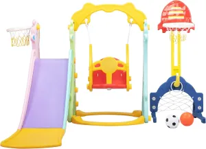 5 in 1 Slide and Swing Playing Set, Toddler Extra Long Slide with 2 Basketball Hoops, Football, Ringtoss, Indoor Outdoor