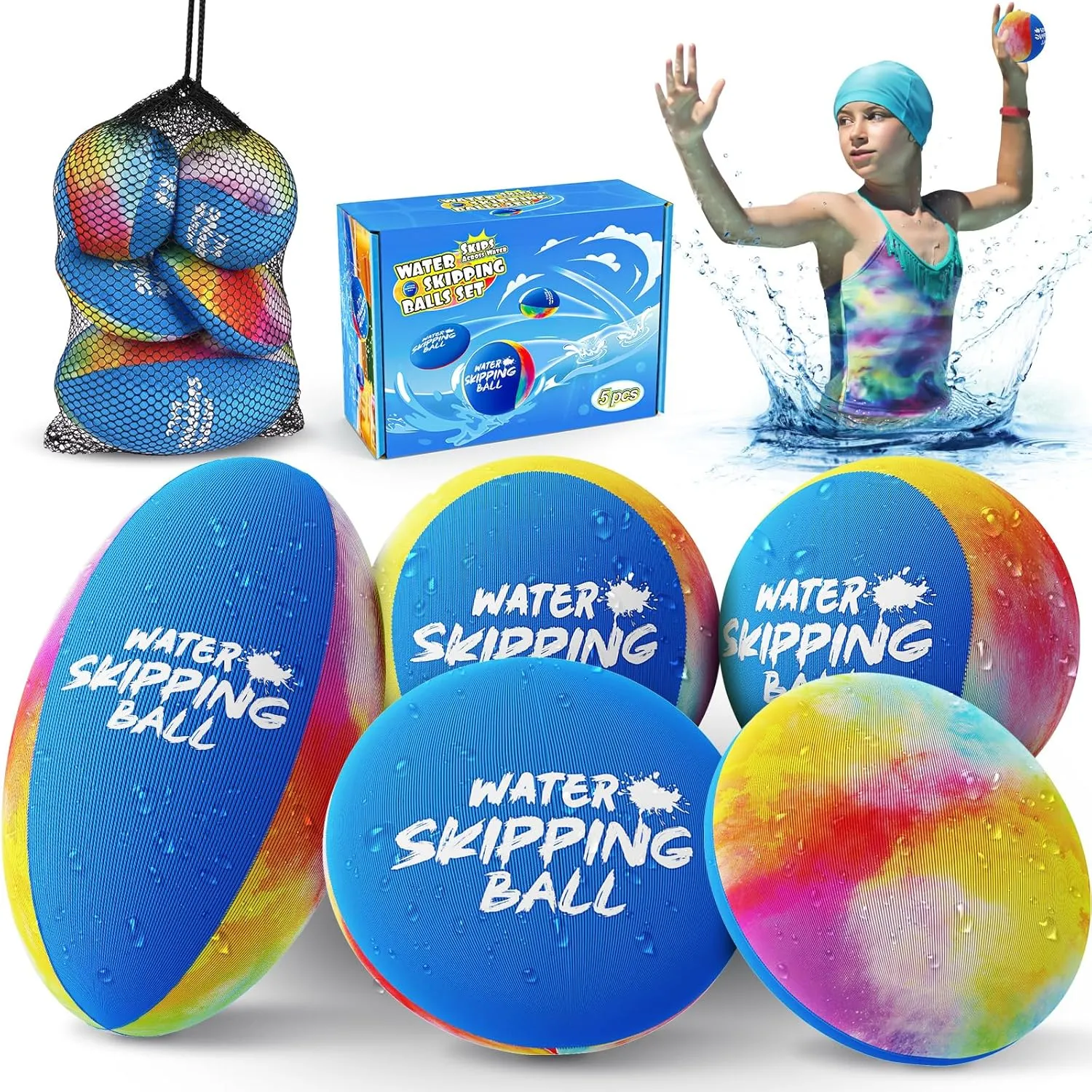 5 Pack Water Skip Balls- Water Bouncing Ball, Ink-Splashed Colorful Skipping Balls for Pool Beach Play, Summer Fun Beach for Kids 5-8-12 and Adult Boys Girls