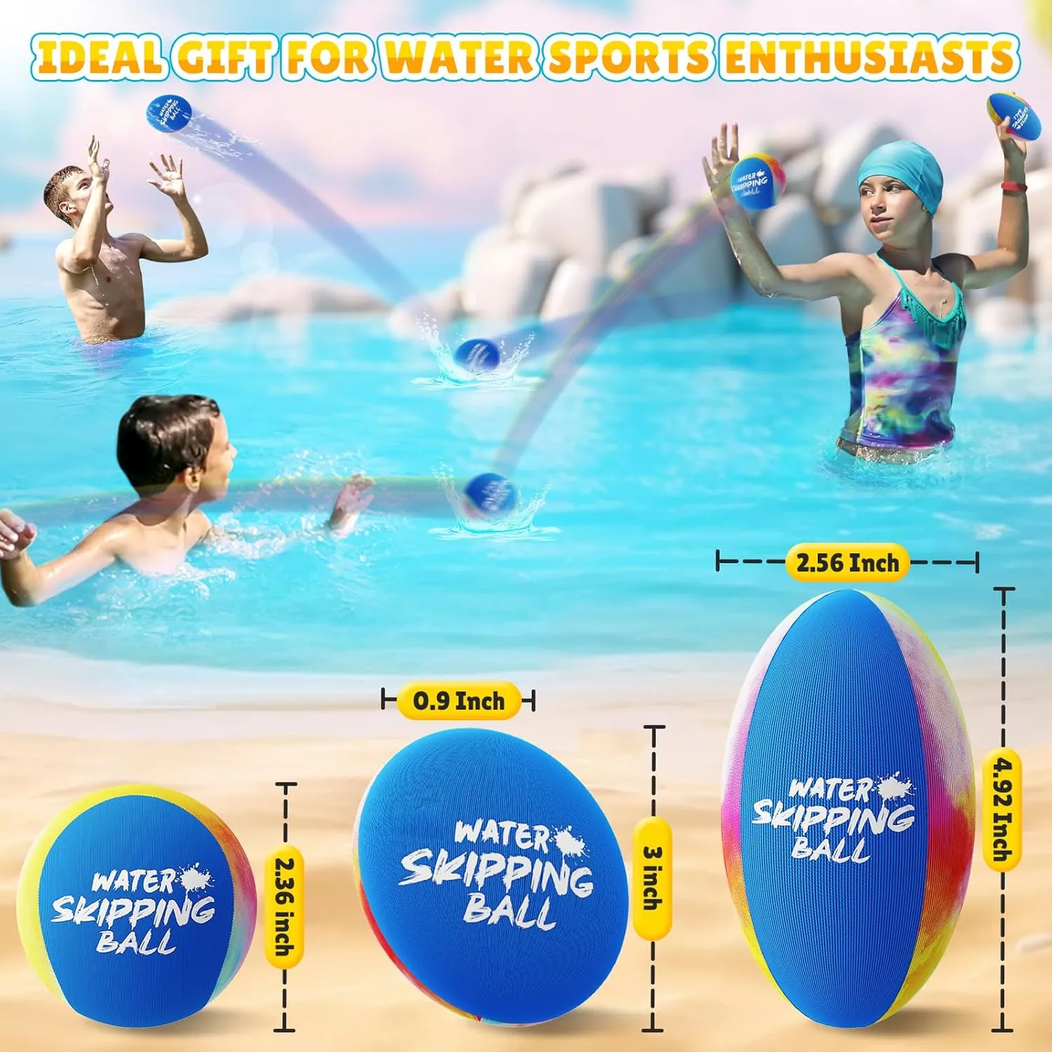 5 Pack Water Skip Balls- Water Bouncing Ball, Ink-Splashed Colorful Skipping Balls for Pool Beach Play, Summer Fun Beach for Kids 5-8-12 and Adult Boys Girls