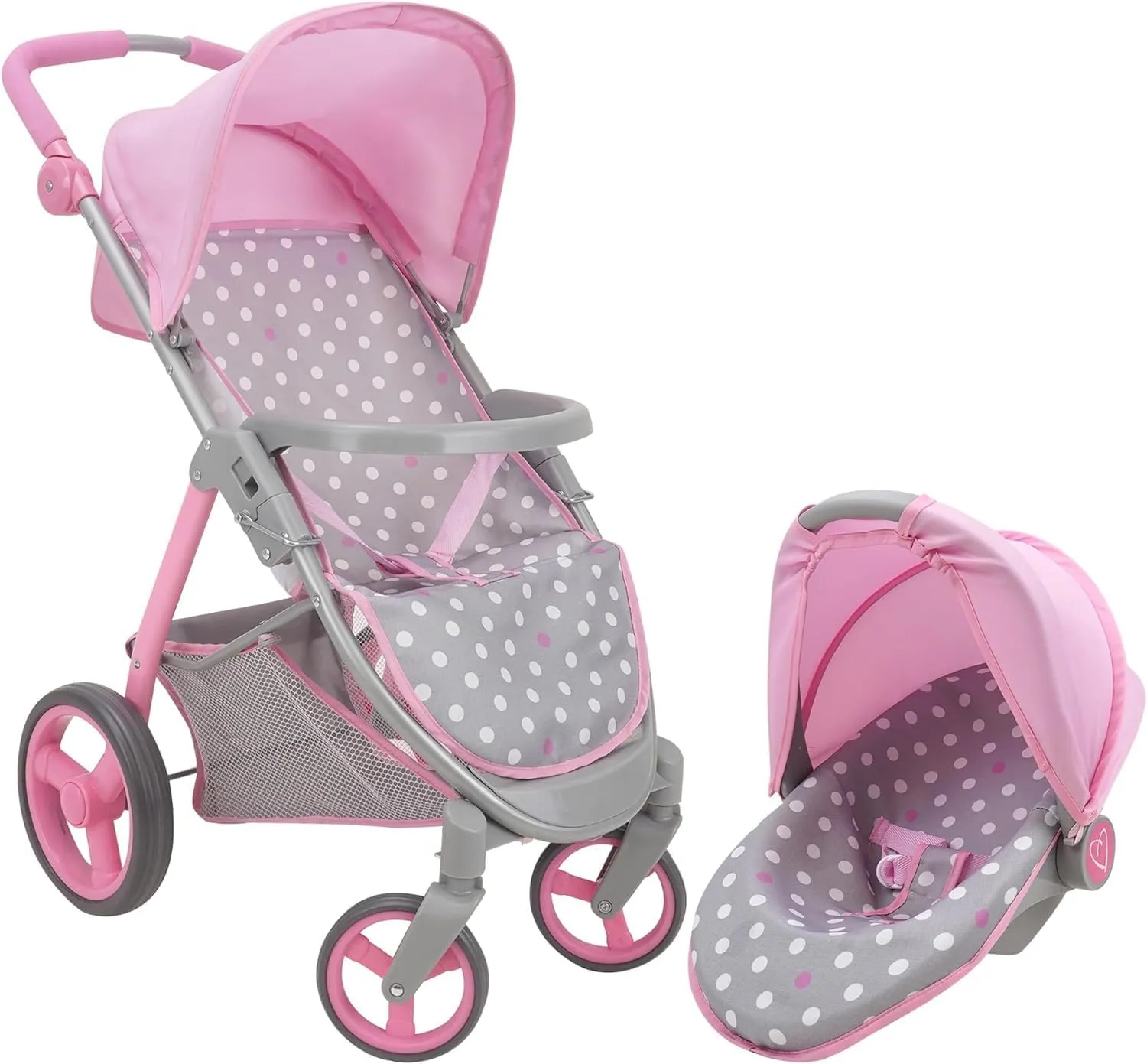 509 Crew: Cotton Candy Pink: Doll Travel System - Pink, Grey, Polka Dot -for Dolls Up to 18", Foldable, Retractable Canopy, Kids Pretend Play, Ages 3 