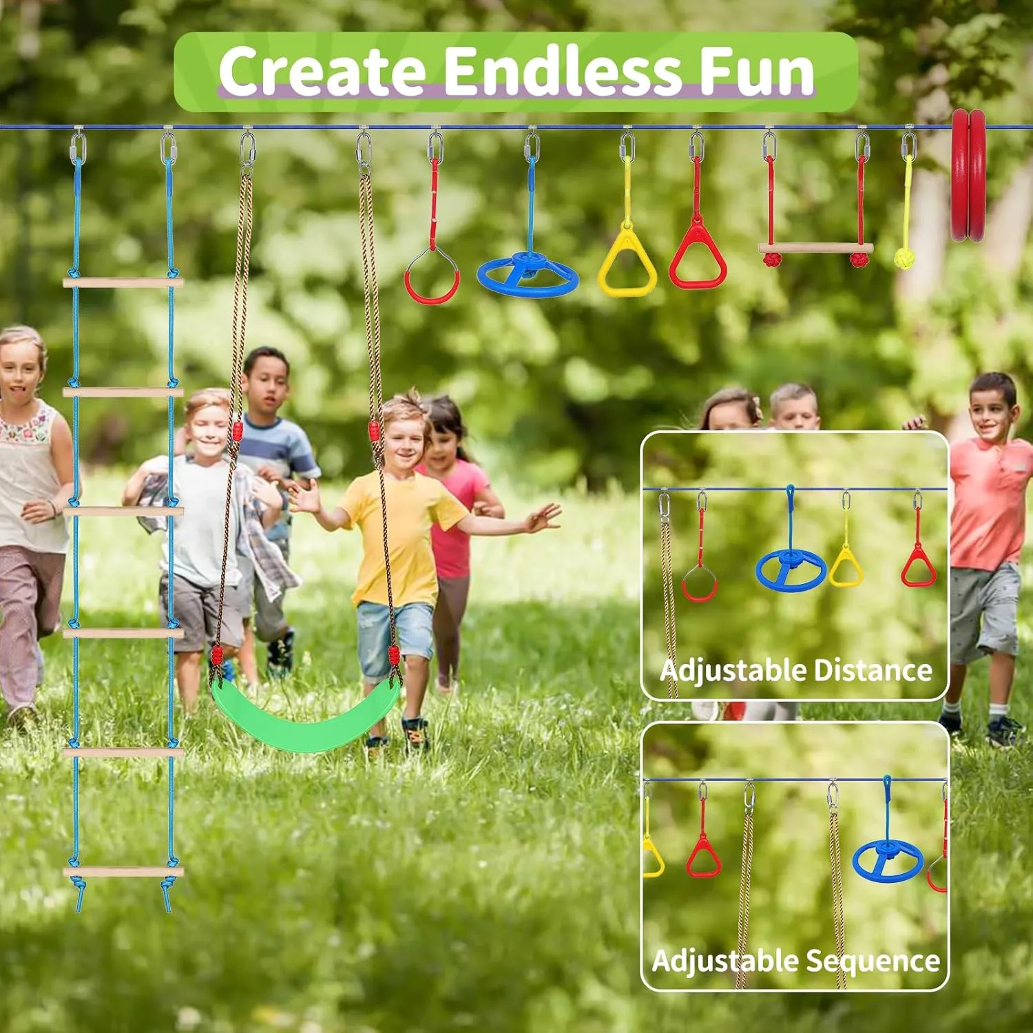 55FT Ninja Warrior Obstacle Course for Kids with 12 Obstacle Course Accessories-Swings, Monkey Bars, Arm Trainers and More, Suitable for Boys and Girls Over 3 Years Old-440 lbs Weight Capacity