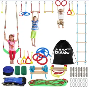 55FT Ninja Warrior Obstacle Course for Kids with 12 Obstacle Course Accessories-Swings, Monkey Bars, Arm Trainers and More, Suitable for Boys and Girls Over 3 Years Old-440 lbs Weight Capacity