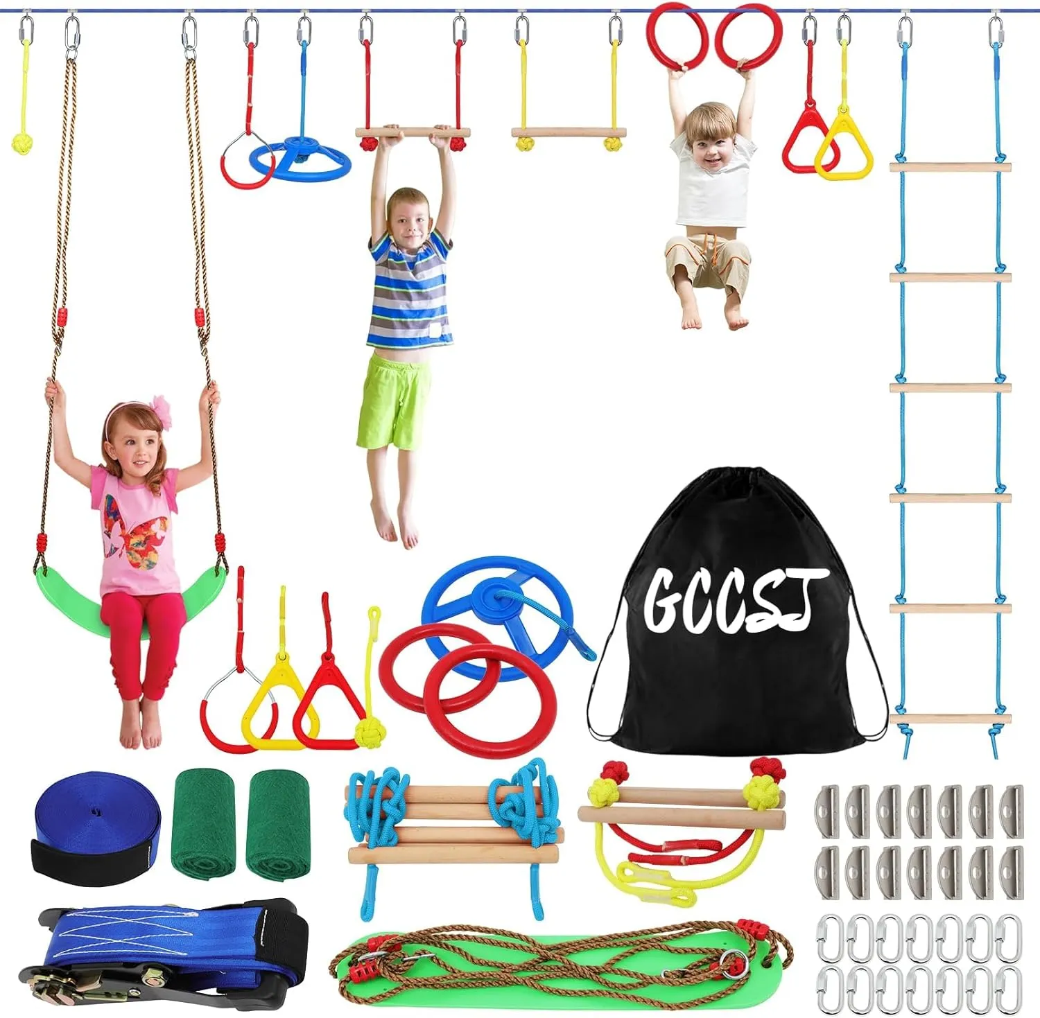 55FT Ninja Warrior Obstacle Course for Kids with 12 Obstacle Course Accessories-Swings, Monkey Bars, Arm Trainers and More, Suitable for Boys and Girls Over 3 Years Old-440 lbs Weight Capacity