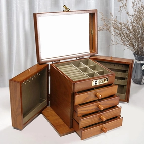 5 layers 4 drawers Wooden Jewelry Box Organizer with Combination Lock for Women, Large Wood Dresser Top Jewelry Storage Container with Combo Lock, Mirror, Velvet Interior(Dark Natural, US Stock)