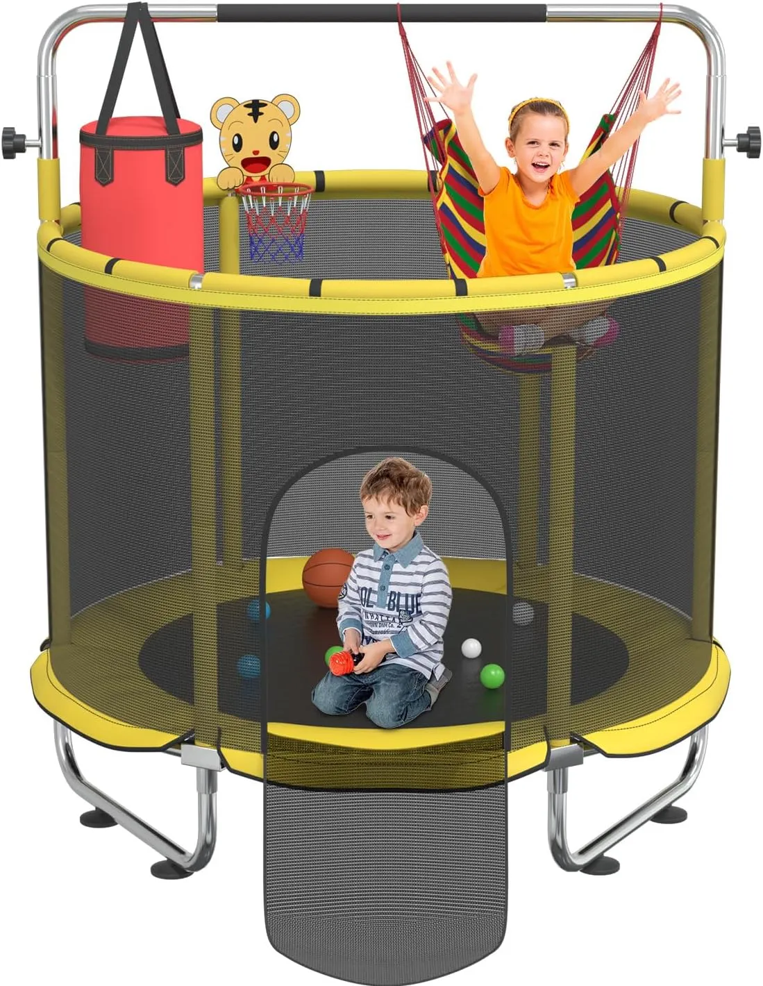 5FT Trampoline for Kids with Hammock,Toddler Trampoline with Basketball Hoop