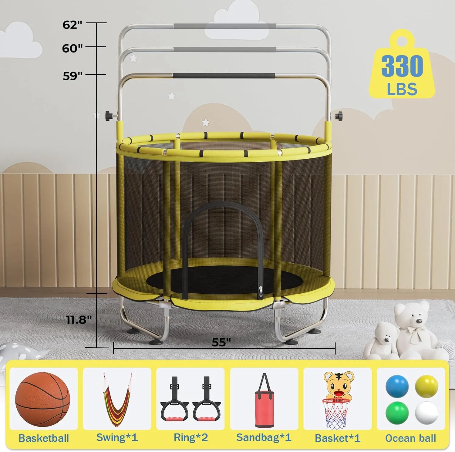 5FT Trampoline for Kids with Hammock,Toddler Trampoline with Basketball Hoop