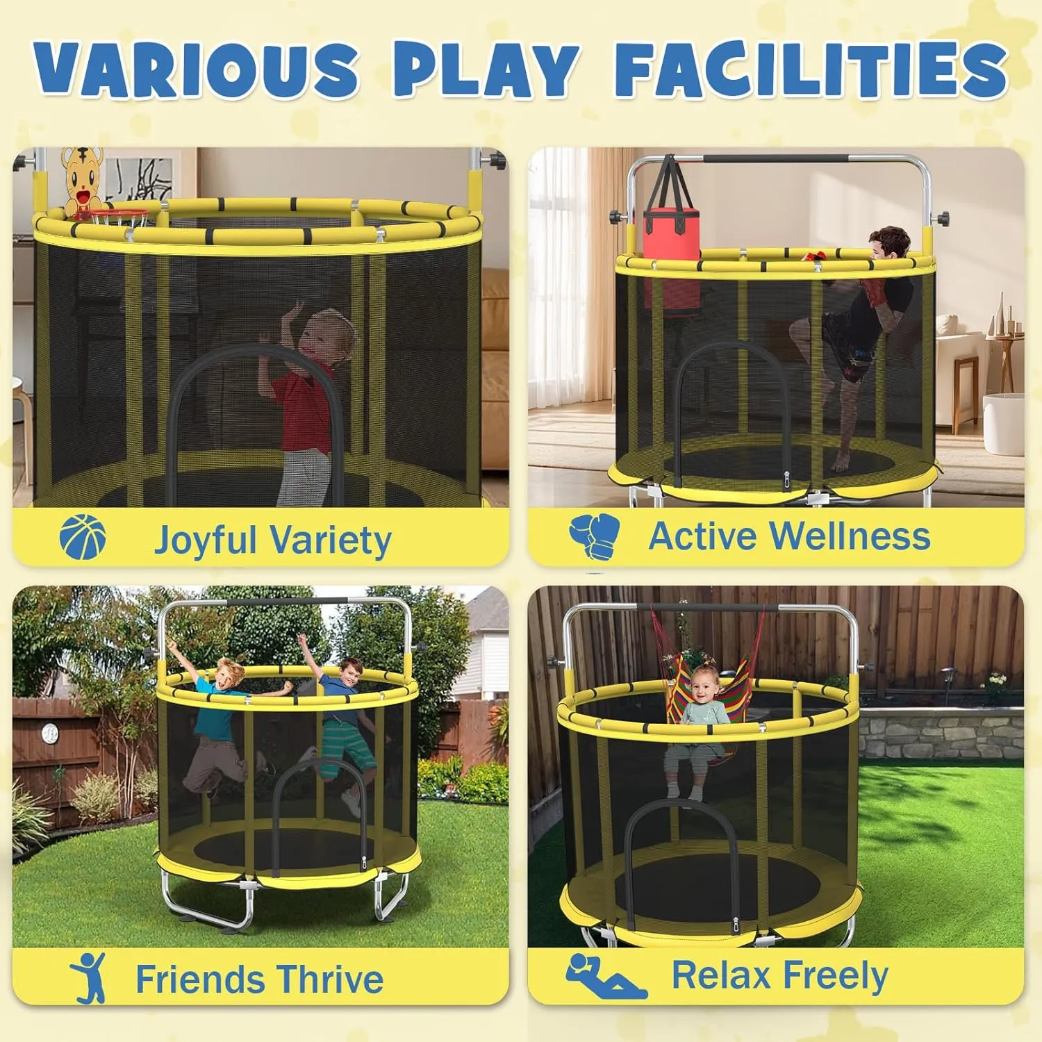 5FT Trampoline for Kids with Hammock,Toddler Trampoline with Basketball Hoop