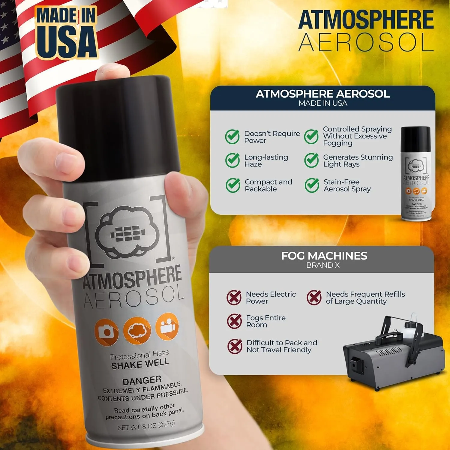 6 Pack Atmosphere Aerosol Haze/Fog Spray for Photography - Safe & Portable Mini Fog Machine Alternative - Smoke and Light Ray Effects Maker for Indoor and Outdoor, No Battery - Made in The USA
