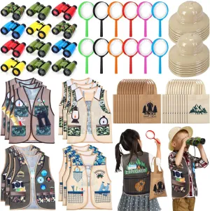 60 Pcs Kids Explorer Costume Set Outdoor Costume Set Include Plastic Explorer Hats Safari Tote Bag Vest Handheld Magnifying Glass Binoculars for Jungle Party Supplies