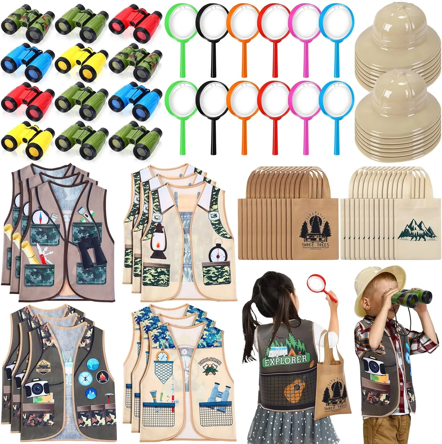 60 Pcs Kids Explorer Costume Set Outdoor Costume Set Include Plastic Explorer Hats Safari Tote Bag Vest Handheld Magnifying Glass Binoculars for Jungle Party Supplies