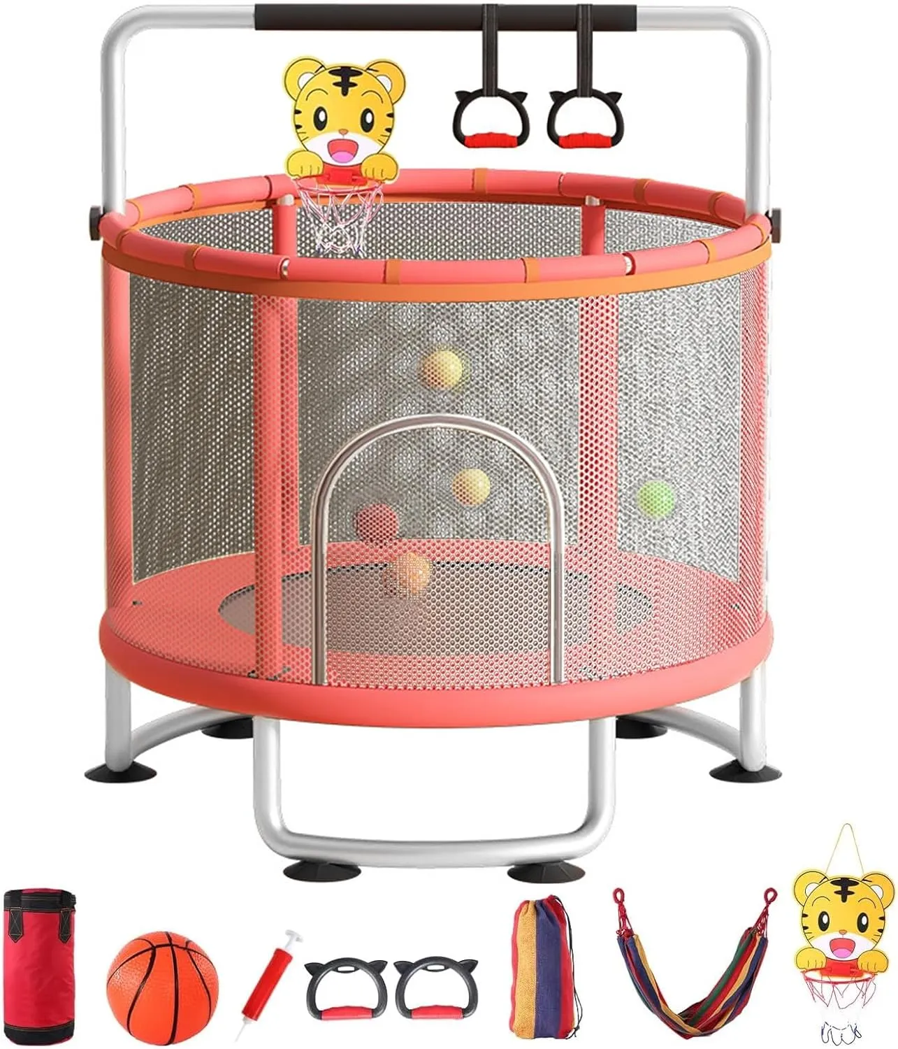60" Kids Trampoline with Basketball Hoop, Swing, Sandbag, Ocean Balls - 440lbs Adjustable Toddler Trampoline for Indoor & Outdoor Use