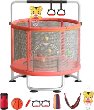 60" Kids Trampoline with Basketball Hoop, Swing, Sandbag, Ocean Balls - 440lbs Adjustable Toddler Trampoline for Indoor & Outdoor Use