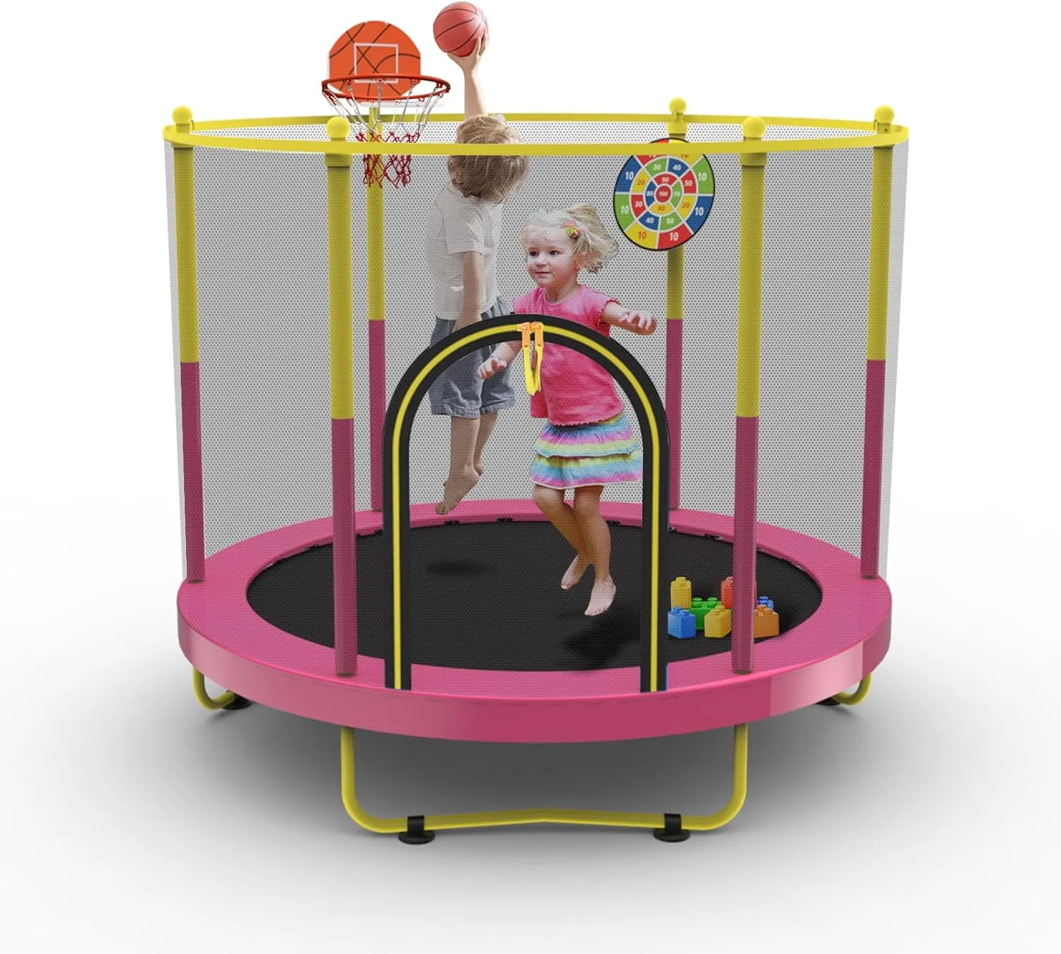6FT Indoor Trampoline for Kids Ages 1-8, 72" Mini Toddler Indoor & Outdoor Trampoline with Safety Enclosure Net, Basketball Hoop & Dart Board, Birthday Gifts for Boys & Girls, Baby Toddler