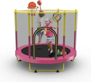 6FT Indoor Trampoline for Kids Ages 1-8, 72" Mini Toddler Indoor & Outdoor Trampoline with Safety Enclosure Net, Basketball Hoop & Dart Board, Birthday Gifts for Boys & Girls, Baby Toddler
