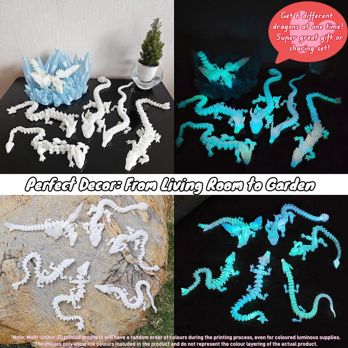 6PCS 3D Printed Dragon Glow in The Dark - Rainbow Luminous Dragons, 3D Dragon Fidget Toys for Home Office Decor, Desktop Pet, Best Gifts for Kids & Adults