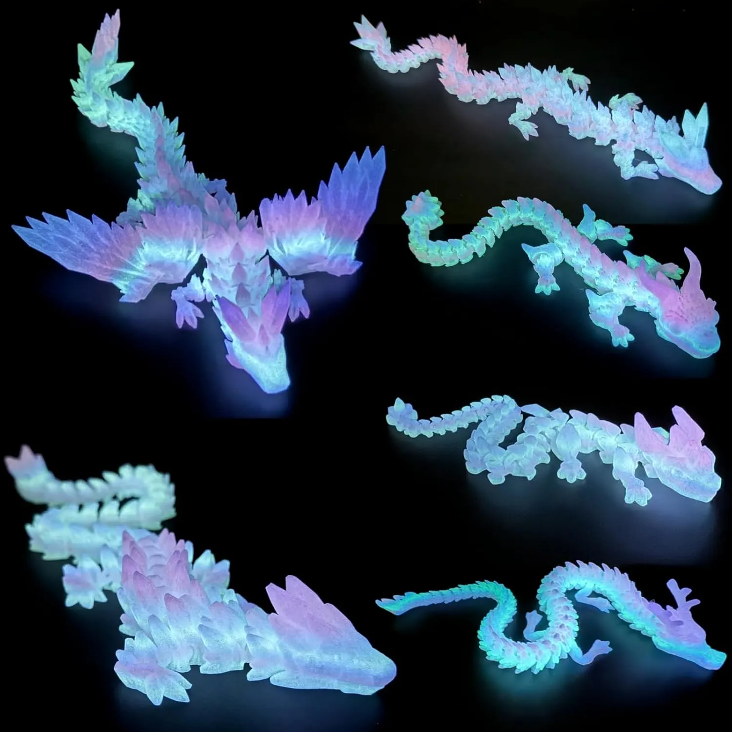 6PCS 3D Printed Dragon Glow in The Dark - Rainbow Luminous Dragons, 3D Dragon Fidget Toys for Home Office Decor, Desktop Pet, Best Gifts for Kids & Adults