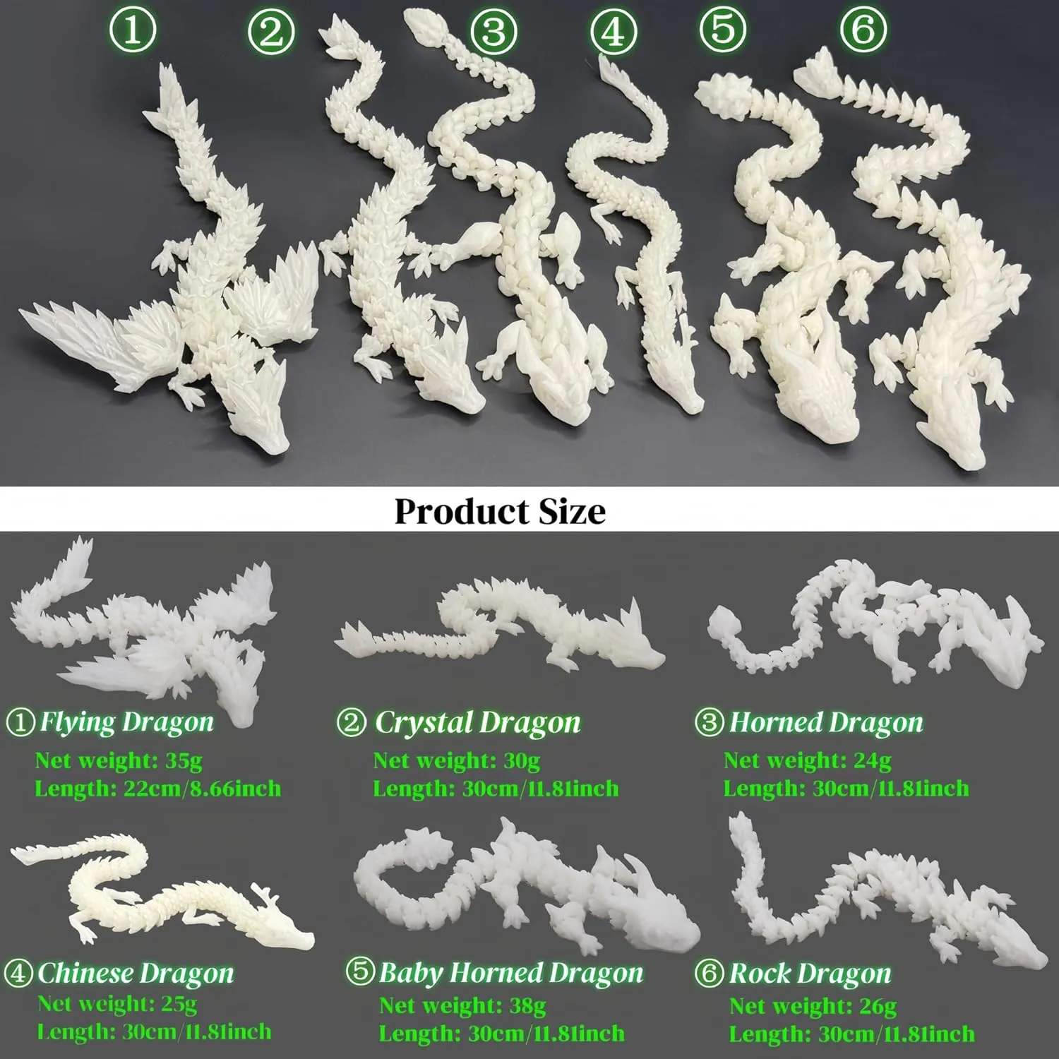 6PCS 3D Printed Dragon Glow in The Dark - Rainbow Luminous Dragons, 3D Dragon Fidget Toys for Home Office Decor, Desktop Pet, Best Gifts for Kids & Adults
