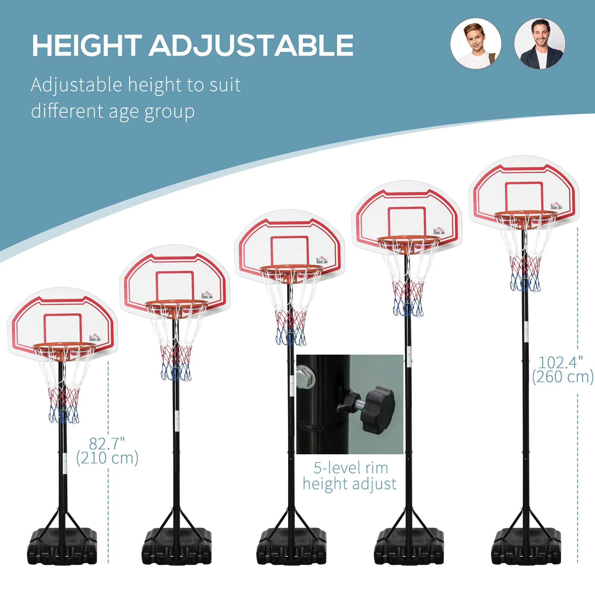 7-8.5ft Basketball Hoop, Freestanding Basketball System with 27.5" Shatterproof Backboard and Wheels, White