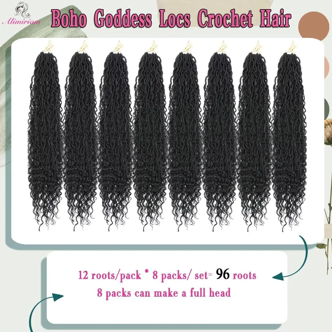 8 Packs River Faux Locs Crochet Hair 18inch New Goddess Locs Crochet Hair Boho Faux Locs Wavy Crochet Curly Hair with Curly Ends Synthetic Hair Extensions (18" 8Packs 1B#)