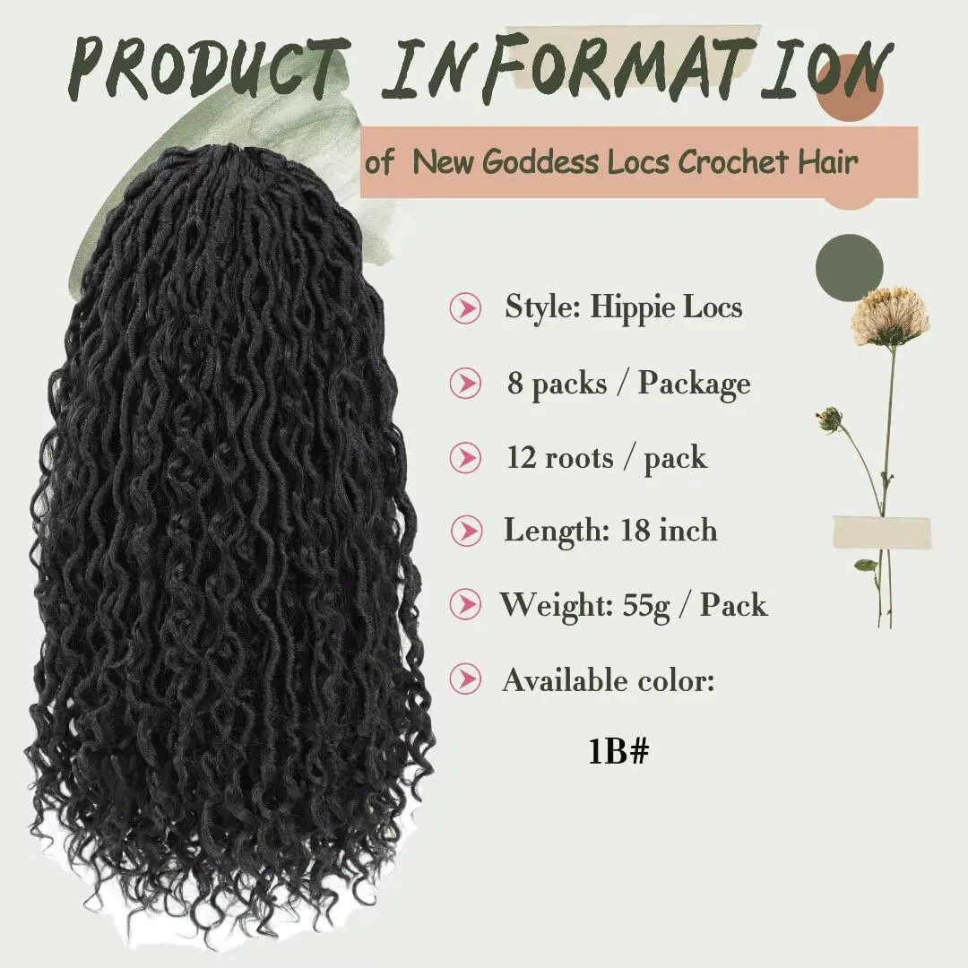 8 Packs River Faux Locs Crochet Hair 18inch New Goddess Locs Crochet Hair Boho Faux Locs Wavy Crochet Curly Hair with Curly Ends Synthetic Hair Extensions (18" 8Packs 1B#)