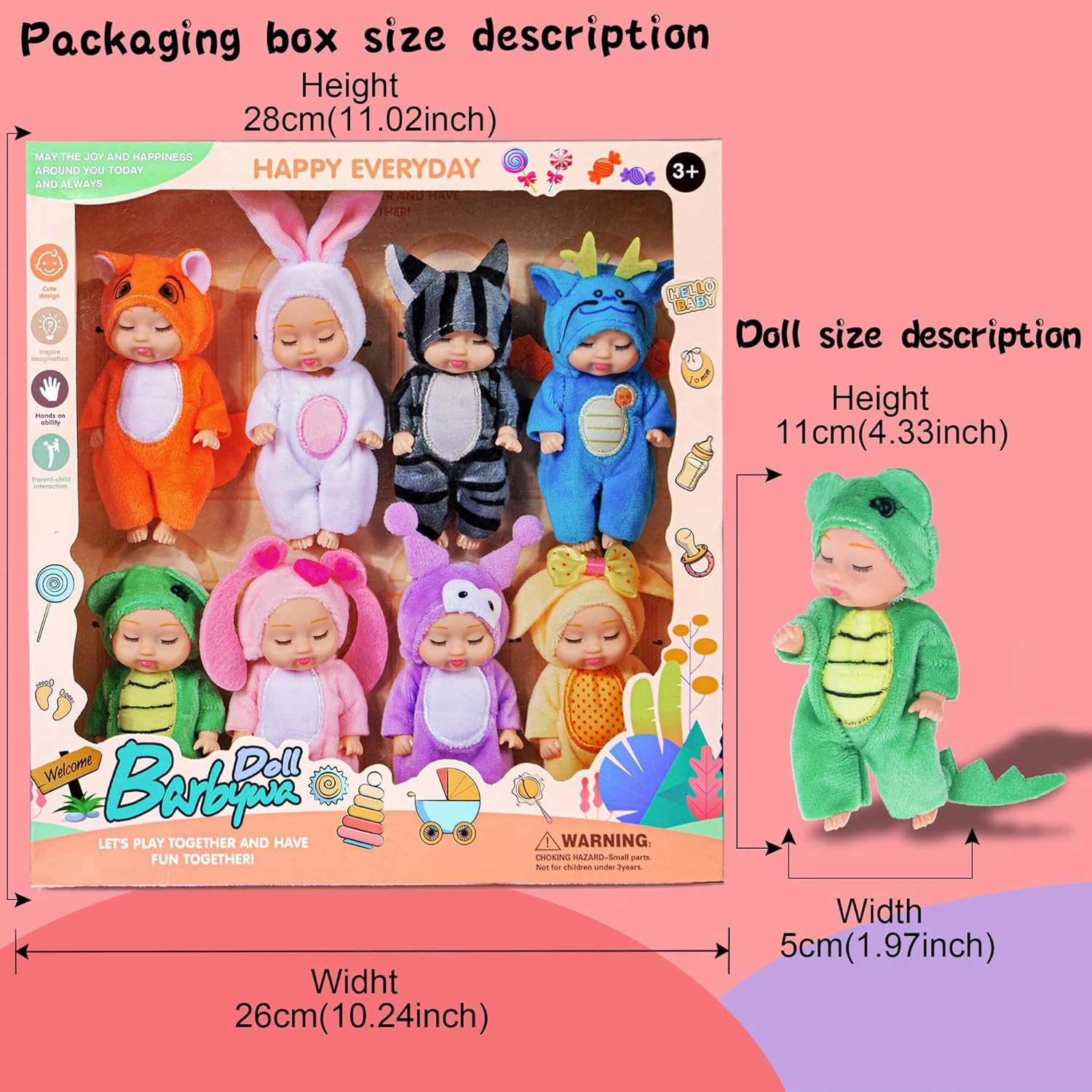 8 Pack Mini Baby Dolls - 4 inch Animal Theme Lifelike Baby Dolls for Girls