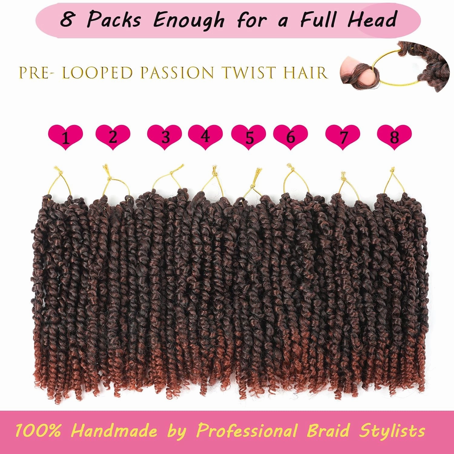 8 Packs Ombre Copper Red Passion Twist Crochet Hair 10 Inch Pre-twisted Passion Twist Hair Pre Looped Bohemian Short Crochet Passion Twist Hair for Kids and Girls (10 Inch,T1B/350,8 Packs)