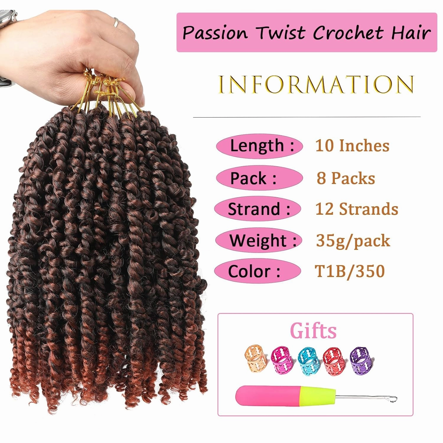 8 Packs Ombre Copper Red Passion Twist Crochet Hair 10 Inch Pre-twisted Passion Twist Hair Pre Looped Bohemian Short Crochet Passion Twist Hair for Kids and Girls (10 Inch,T1B/350,8 Packs)