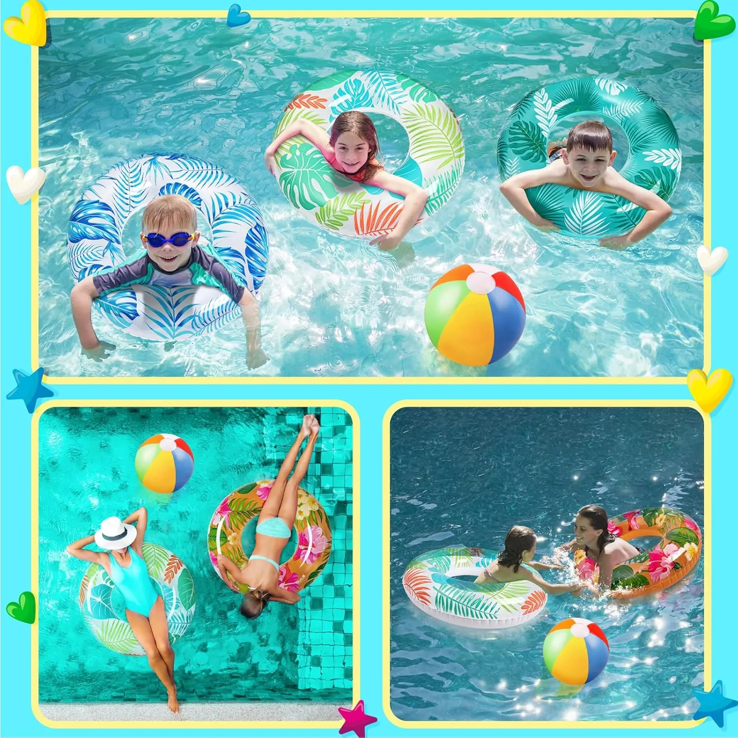 90shine 7PCS Luau Pool Floats: Hawaiian Swimming Rings with 13.5" Beach Balls - Inflatable Tubes Floaties Toys for Kids Adults