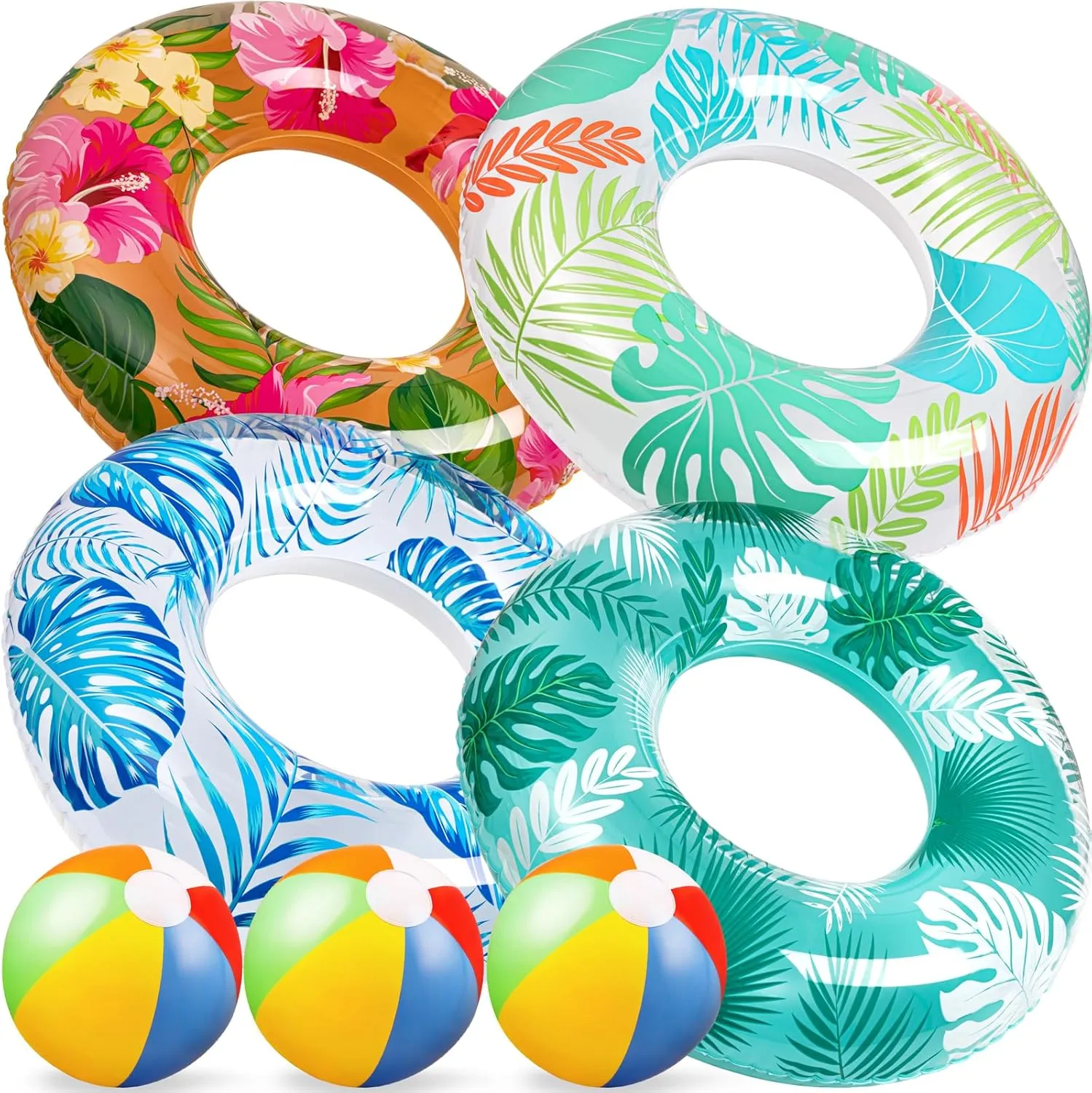 90shine 7PCS Luau Pool Floats: Hawaiian Swimming Rings with 13.5" Beach Balls - Inflatable Tubes Floaties Toys for Kids Adults