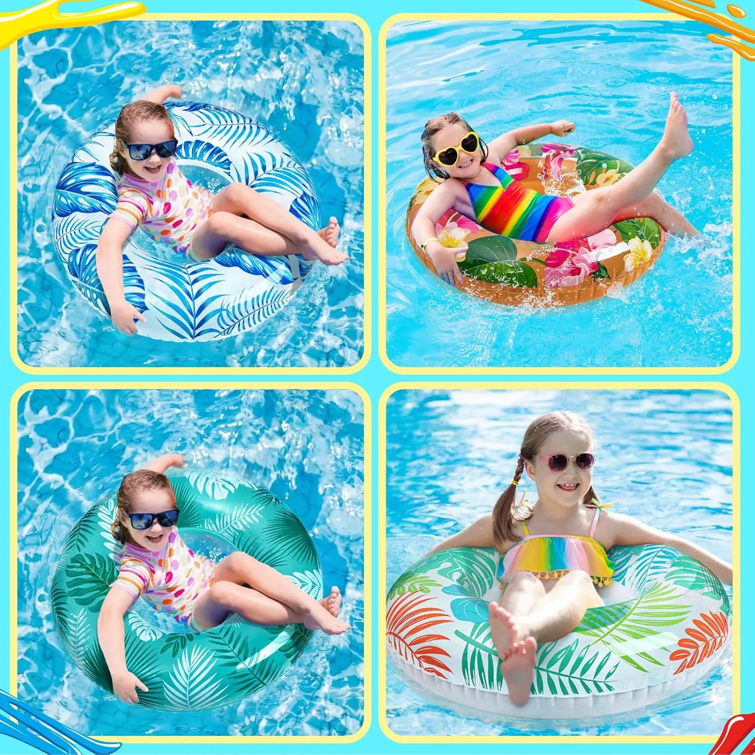 90shine 7PCS Luau Pool Floats: Hawaiian Swimming Rings with 13.5" Beach Balls - Inflatable Tubes Floaties Toys for Kids Adults