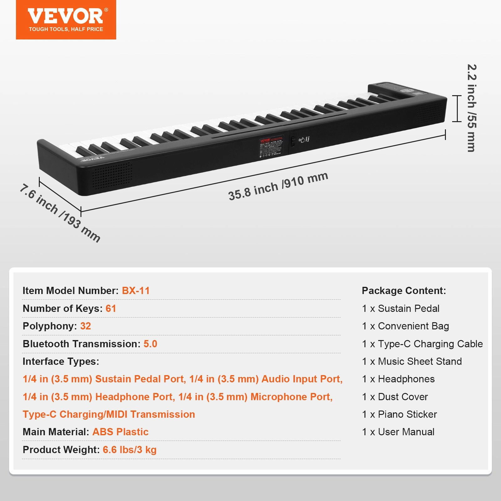 (FINAL PRICES ARE LOWER ON OUR SITE!) VEVOR 61 Key Folding Keyboard Piano Portable Foldable Piano Bluetooth MIDI Black