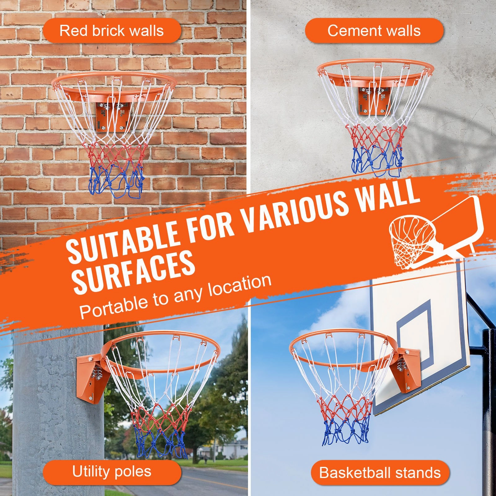 (FINAL PRICES ARE LOWER ON OUR SITE!) VEVOR Basketball Rim, Wall Door Mounted Basketball Hoop, Heavy Duty Q235 Basketball Flex Rim Goal Replacement with Net, Standard 18" Indoor and Outdoor Hanging Basketball Hoop for Kids Adults